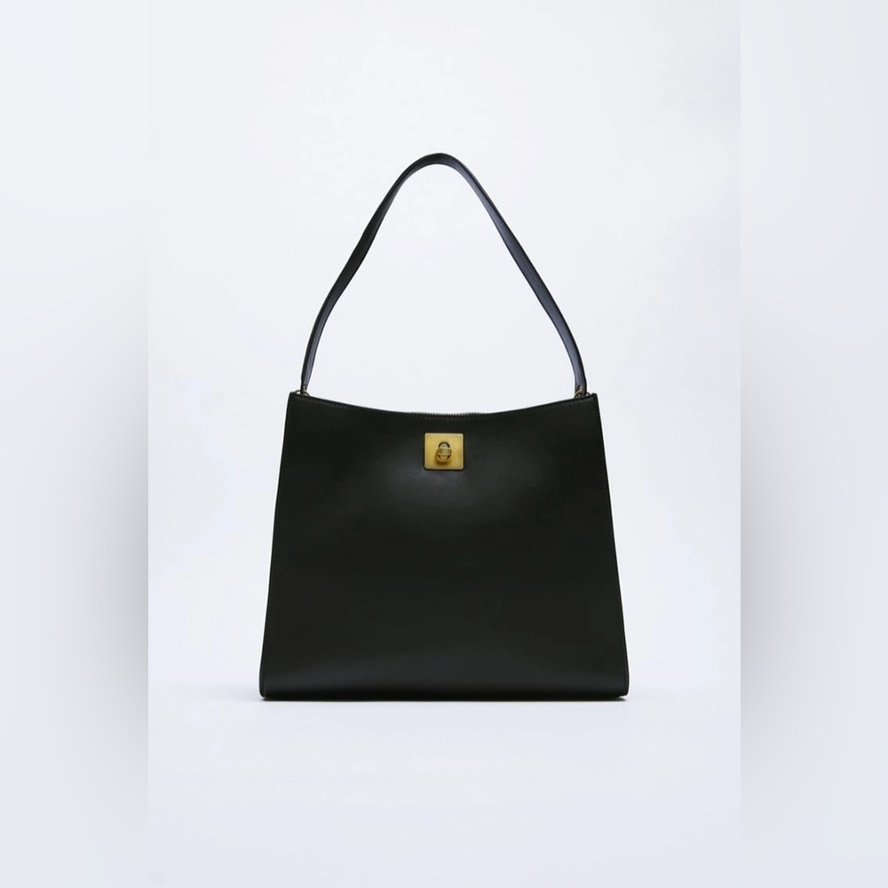Zara Black Faux Leather Shoulder Bag Gold Turn Lock Minimalist Purse